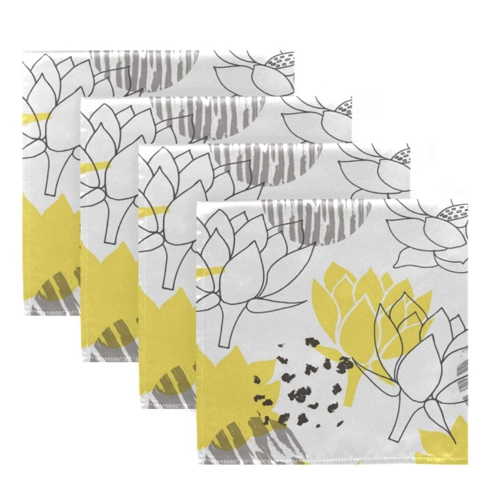Yellow and Grey Waterlily Reusable Cloth Napkins, Set of 4